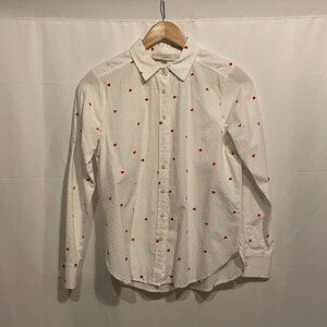 Share LOFT Size XS White Button down with Swiss Dots & Red Embroidered Hearts